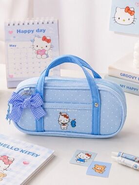 Hello Kitty Blue Pencil Carry Case with Gingham Bow